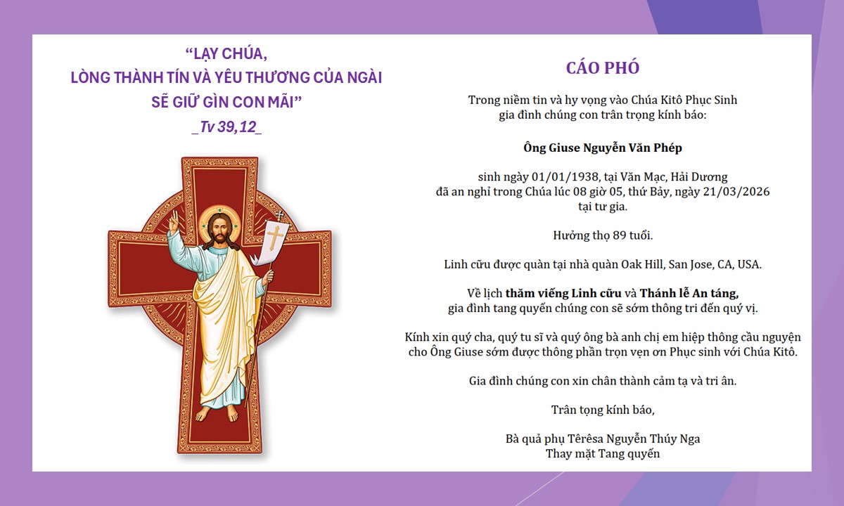 Ông cố Giuse Nguyễn Văn Phép, thân phụ chị Maria Martinô Nguyễn Thị Ánh Hồng - Trưởng Cộng Đoàn Đức Mẹ Lên Trời - Birmingham (Anh)